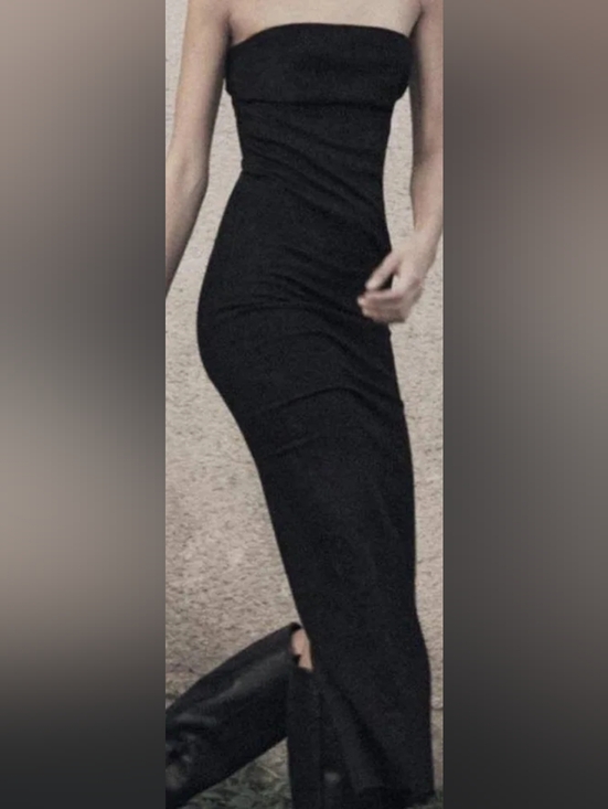 Zara Dresses & Skirts - ZARA STRAPLESS FITTED DENIM DRESS FRAYED BLack BNWT